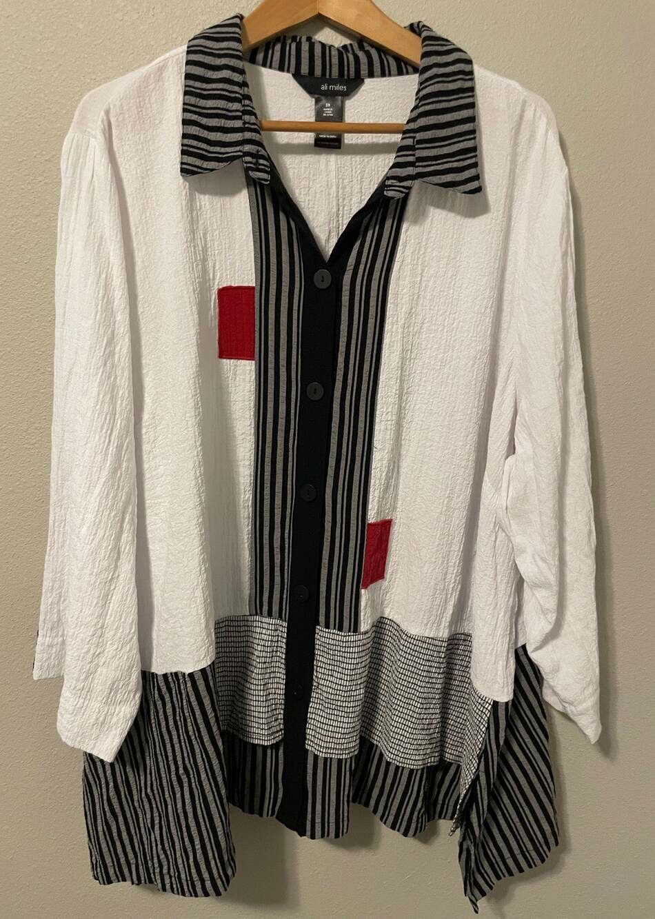 Ali Miles Tunic Top Womens 3X Multicolor Stripe Button Up Collared Artsy Boho